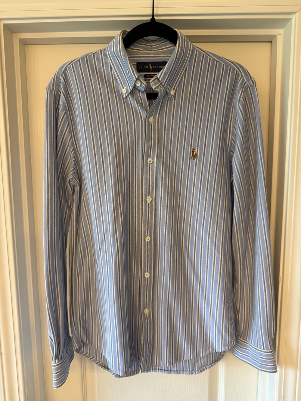 Ralph Lauren Knit Oxford Blue/White Striped Cotton Button-Down Shirt M